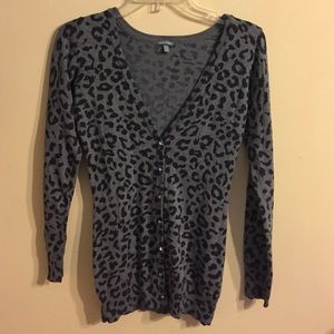 Gray, cheetah pattern cardigan.