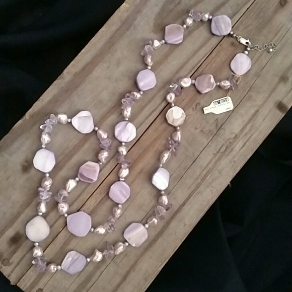 NWT 925 Amethyst, Pearl necklace & Earrings