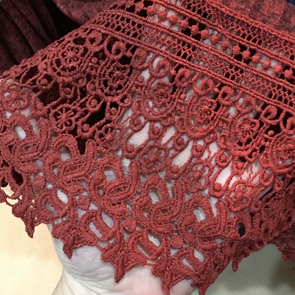 Burgundy Red Choker Neck Lace Tunic Top - Picture 3 of 4