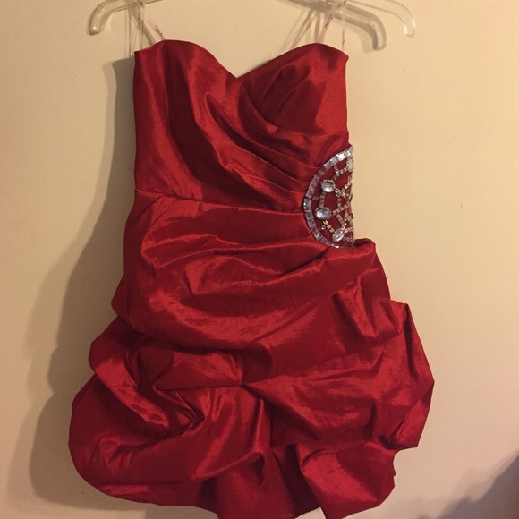 Strapless, red dress.