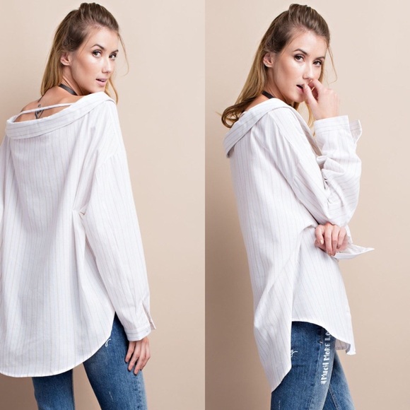 Long Sleeve Stripe Woven Shirt- WHITE/TAUPE - Picture 3 of 5