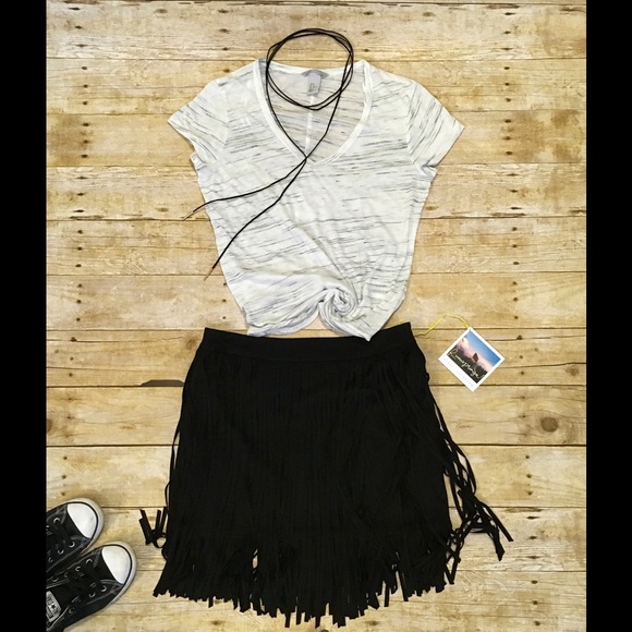 Faux suede black fringe mini skirt by Soprano Sz M