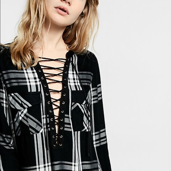 Express Tops - Express lace up plaid blouse