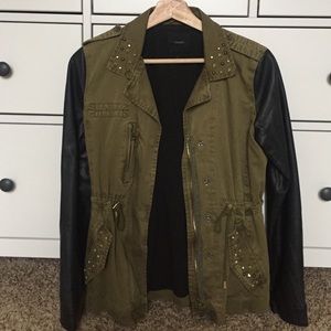 Military style jacket with leather sleeves