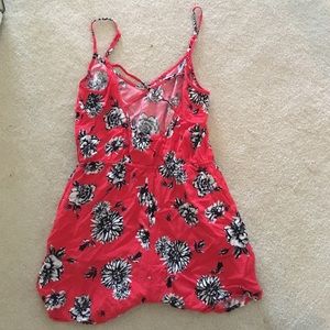 Bright coral floral romper