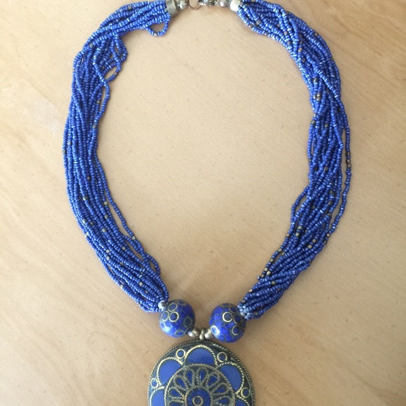 African brass & bead medallion necklace