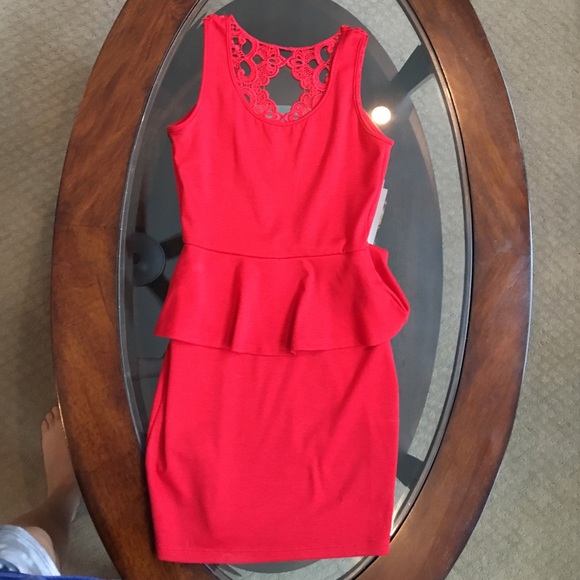 Red Peplum Dress with Lace Design on Back