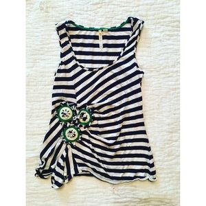 Anthropologie Applique Navy Striped Ruched Top