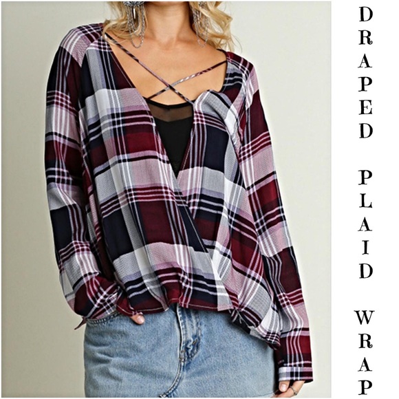 Draped CrissCross Plaid Wrap Top Small sold - Picture 2 of 4