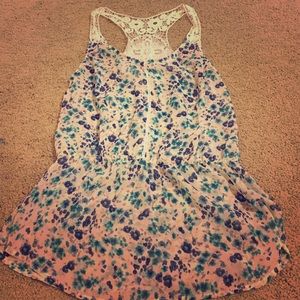 Floral LC blouse with lace racer back. Like new