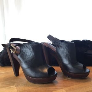 ALDO black leather peep toe mules sling back