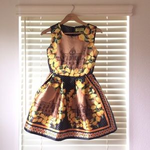 Lemon print PETITE satin fitted A line dress.