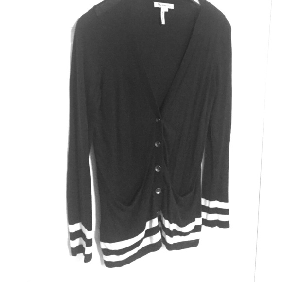 Black cardigan with white stripes on the bottom!