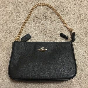 Coach small leather black purse with gold chain