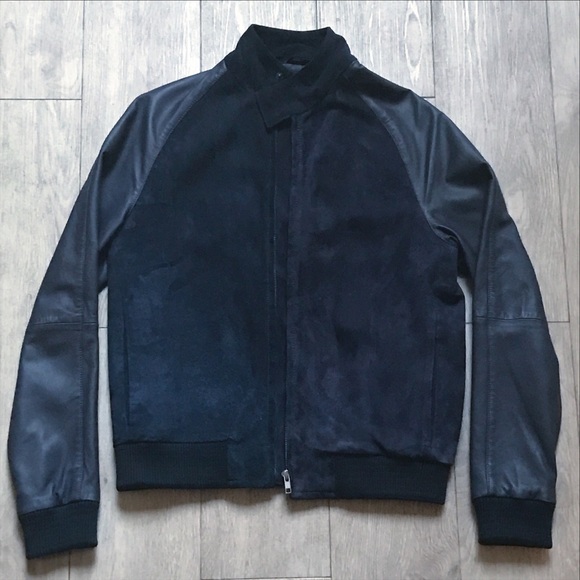 Topman LUX suede and leather bomber jacket - navy