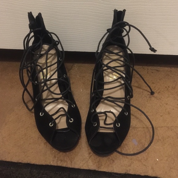 black lace up wedges