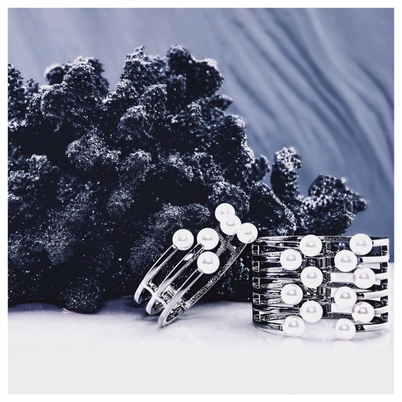 Faux Pearl Metal Cuff Statement Bracelet Stack Row