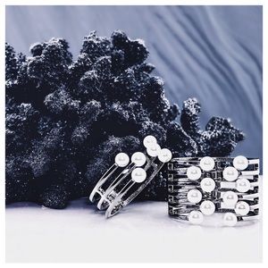 Faux Pearl Metal Cuff Statement Bracelet Stack Row