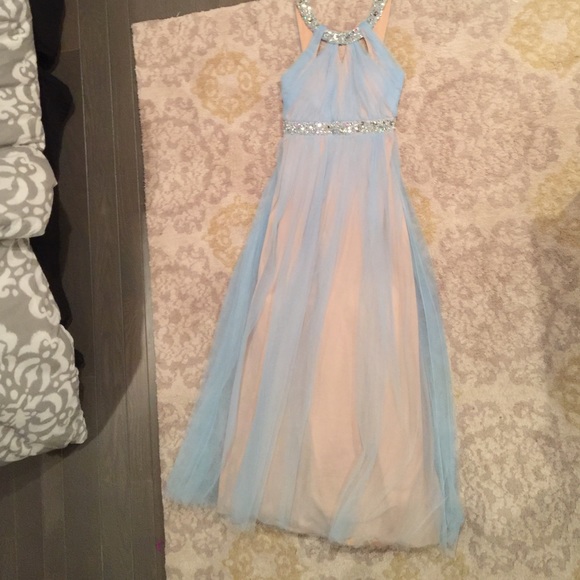 blue and tan long prom dress