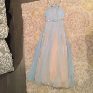blue and tan long prom dress
