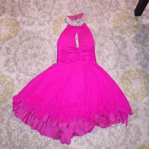 pink, short open back prom dress