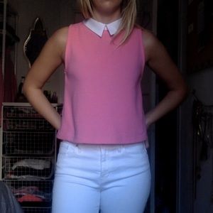 Pink crop top with white Peter Pan collar