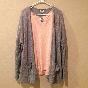 Peach shirt with grey cardigan