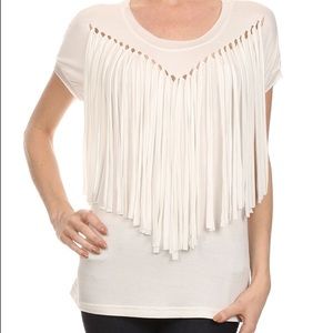 White tee with fringe detail