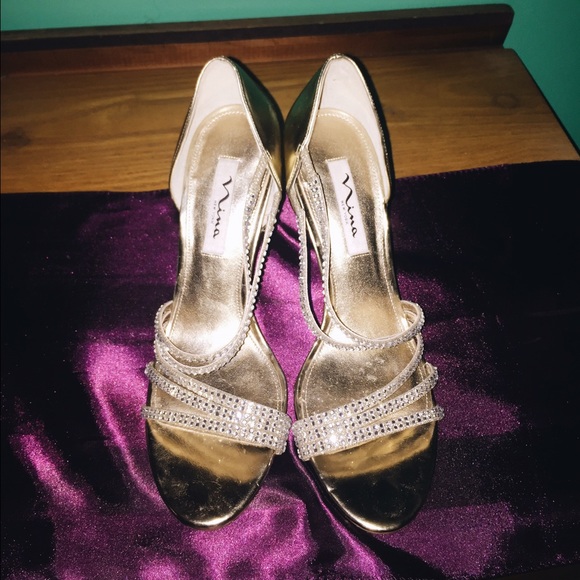 NINA GOLD CRYSTAL OPEN TOE HEELS