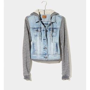 Denim jacket with sweater sleeves