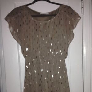 Beige/taupe, metallic accented short sleeved dress