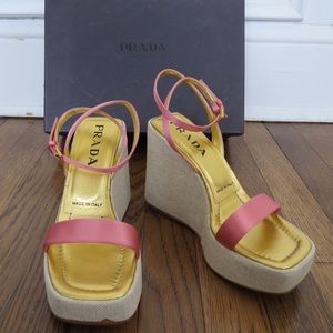 Vintage PRADA hemp wedges with pink satin straps