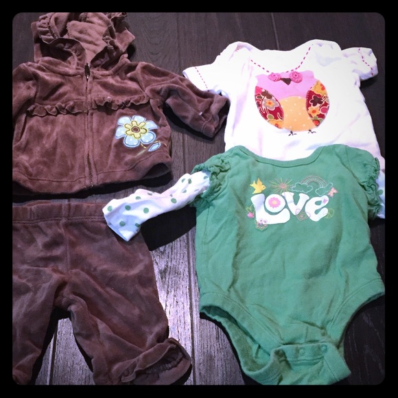 Two adorable onesies and jogger suit, NB and 0-3m