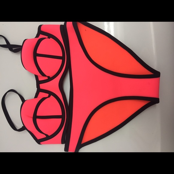 Neon Coral Red Orange Watermelon Bikini Neoprene - Picture 3 of 5