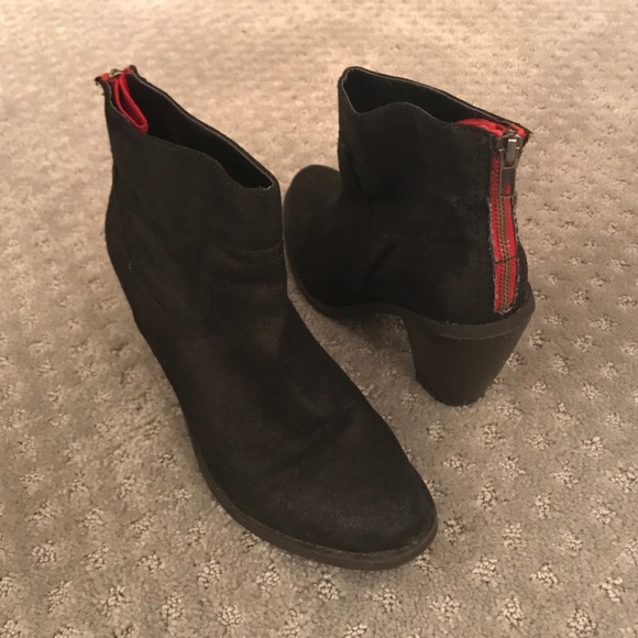 Black Faux Suede Booties with Red Zipper Lining