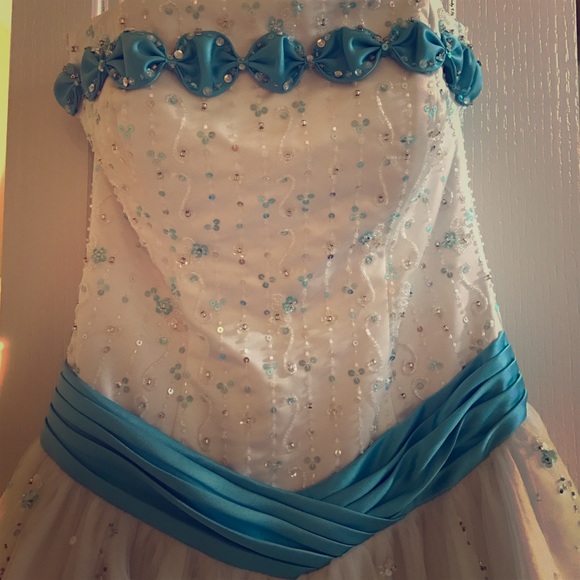 Strapless White and light blue puffy ball gown