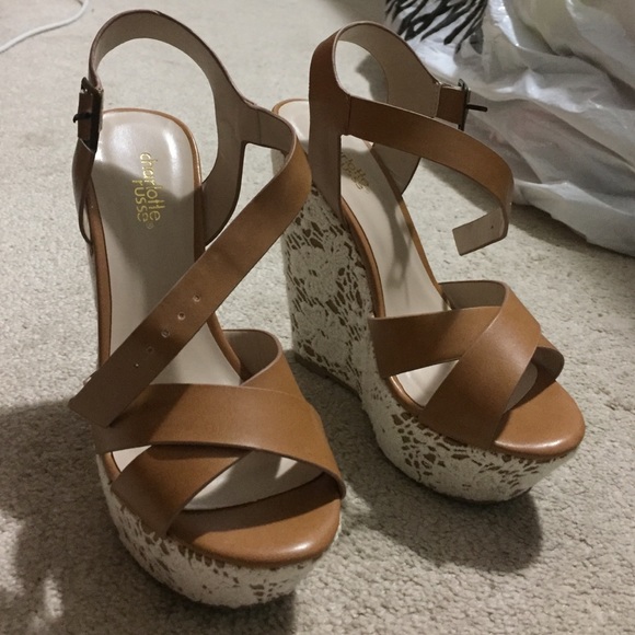 Tan 5" wedges w/ lace ONLY WORN ONCE!!