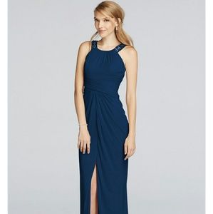 Long Beaded U Neck Mesh Dress with Ruched Waist