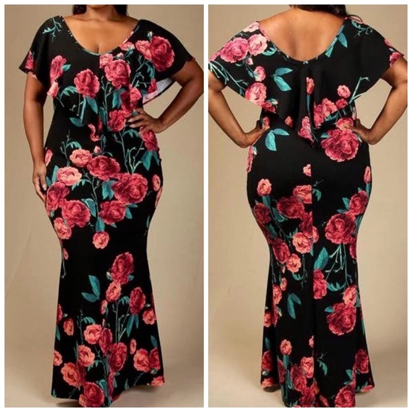 ROSE GARDEN CASCADING MERMAID DRESS IN BLACK