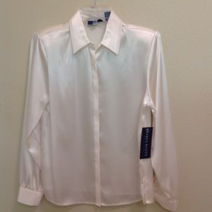White, button up white, shiny blouse
