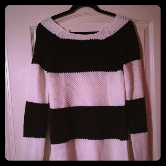 Black and white, striped sweater.