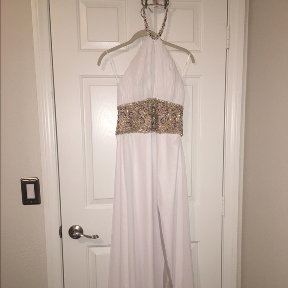 white/colorful jeweled prom dress