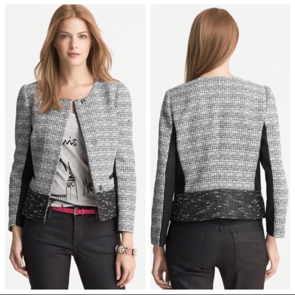 Collarless tweed jacket