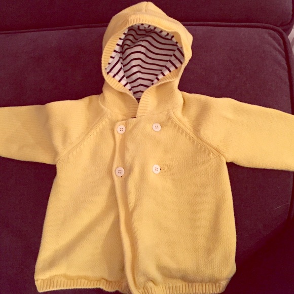 Yellow sweater lined with navy and white stripes. - Picture 1 of 3