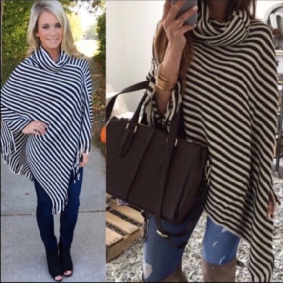 Black Stripe Cowl Neck Poncho OS - Picture 2 of 3