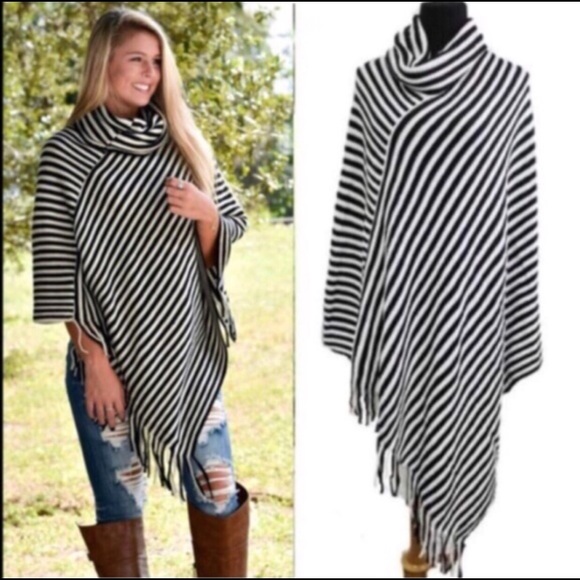 Black Stripe Cowl Neck Poncho OS - Picture 3 of 3