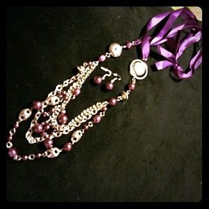 Purple ribbon necklace w/ earrings