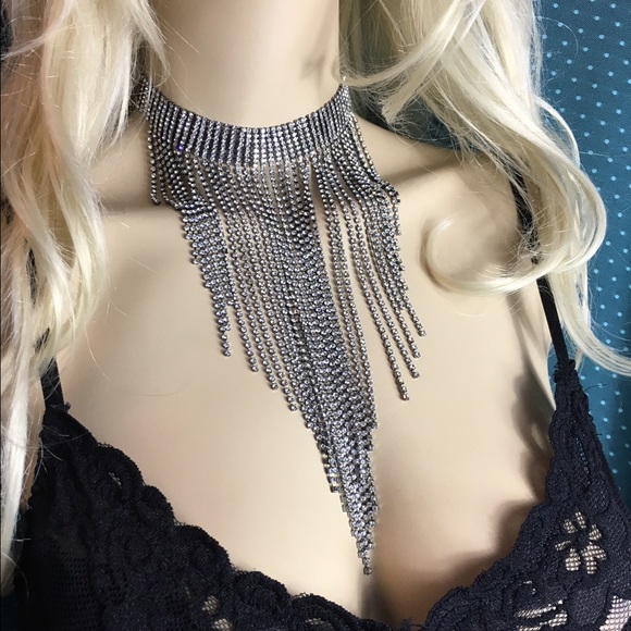 Black rhinestone fringe choker necklace chain