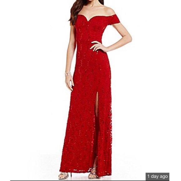B.Darlin Off-The-Shoulder Sequin Lace Red Dress