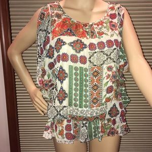 Sleeveless peekaboo shoulder gathered waist blouse